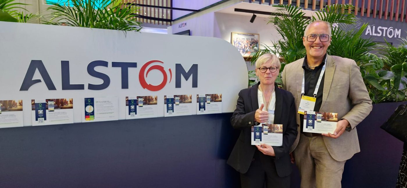 Veronique Andries, Vice President Sustainability & CSR at Alstom with Jim Walker, Director at Walk21, at the Alstom Stand, UITP congress 16 June 2025